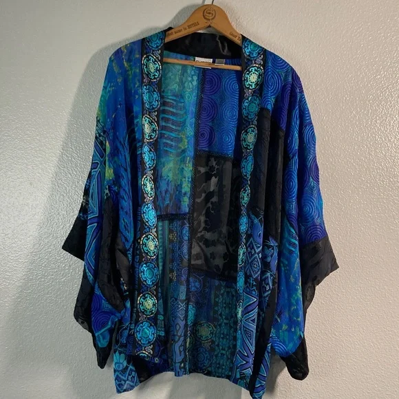 Chico's Silk Rayon Embroidered Patchwork Velvet Burnout Fairycore Kimono Topper - Picture 3 of 10